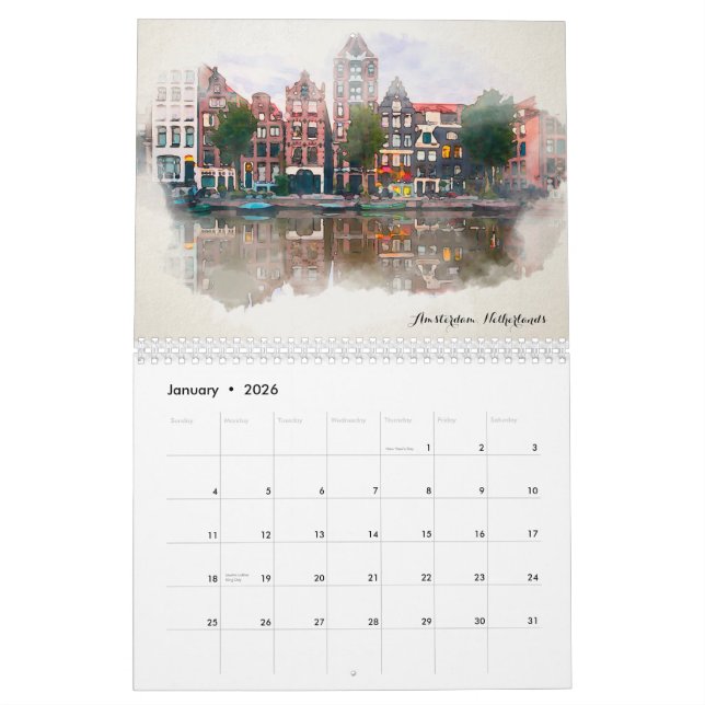 Calendario de Watercolor Travel Europe Cities 2023 (Jan 2026)