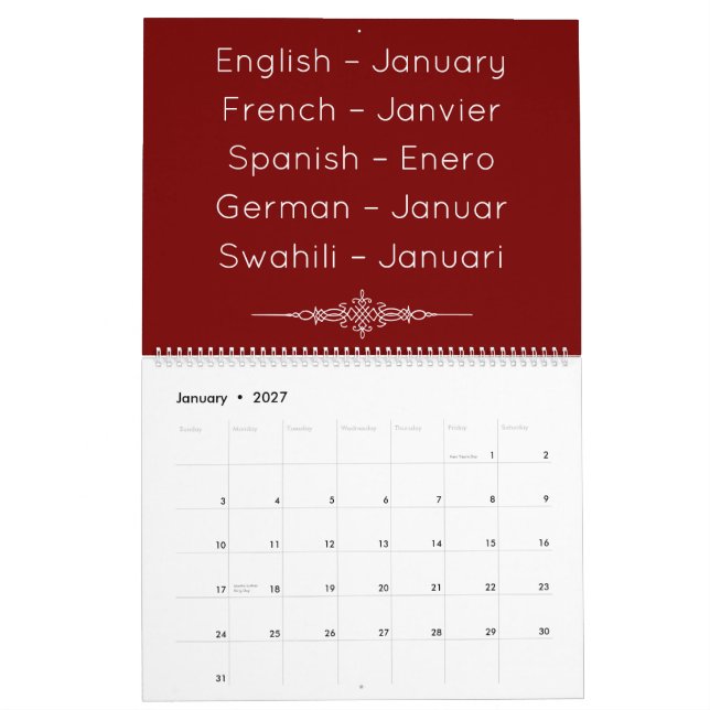 Calendario Deep Red  Multilingual Calendar (Jan 2027)