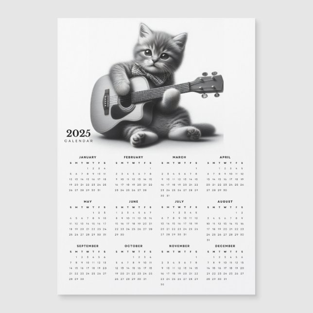 Calendario del imán Cute Kitty Guitarist Bow Tie 2 (Anverso)