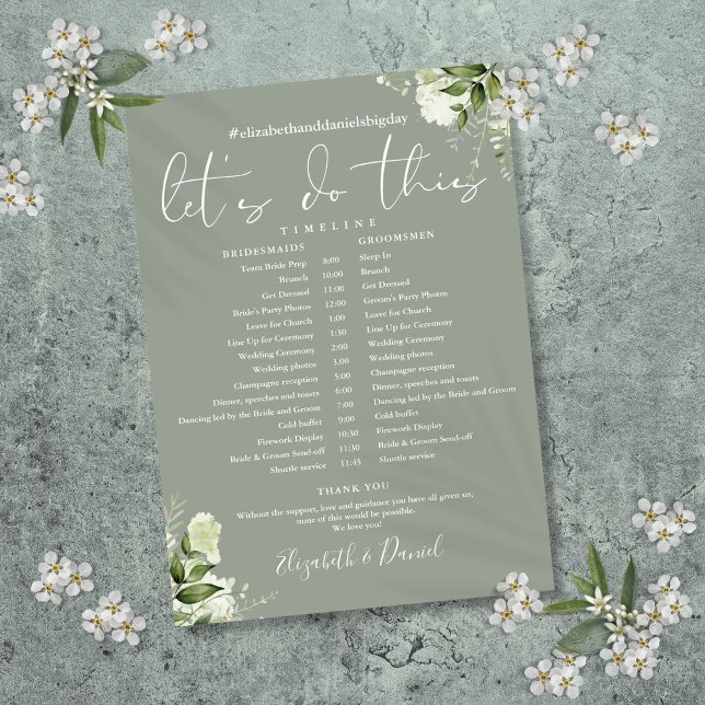 Calendario del programa de Boda de floral verde de (Sage Green Floral Wedding Schedule Timeline Program)