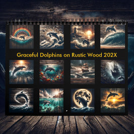 Calendario Delfines graceful en la madera rústica 2025