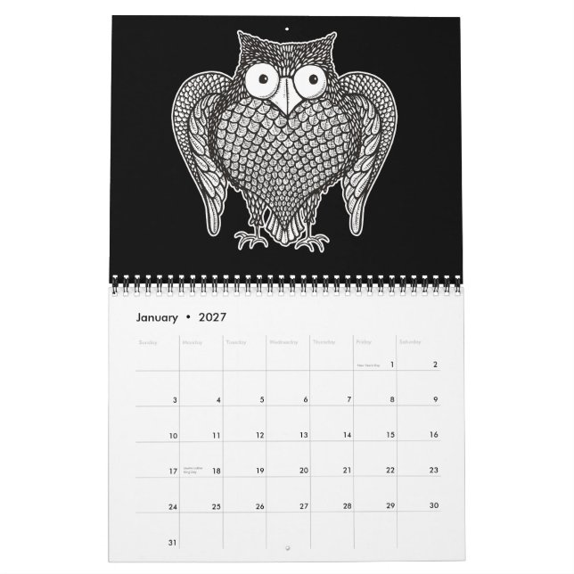 Calendario Dibujo animado de búho (Jan 2027)