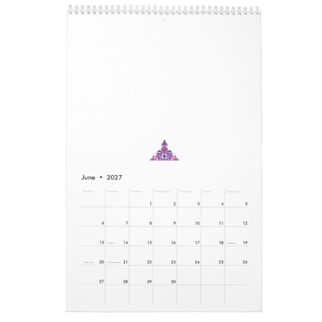 Calendario Diseño ornado, simétrico con púrpura, rosa y (Jun 2027)