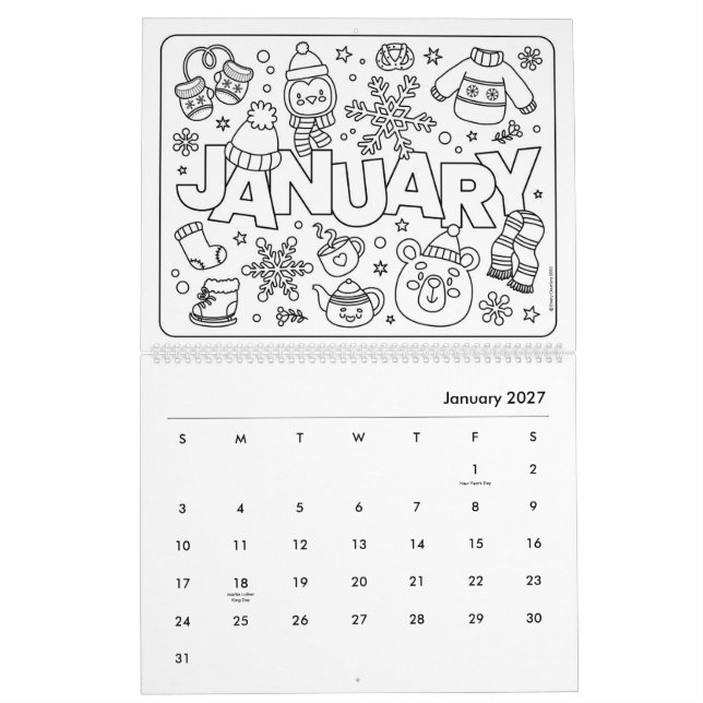 Calendario divertido para colorear (Jan 2027)