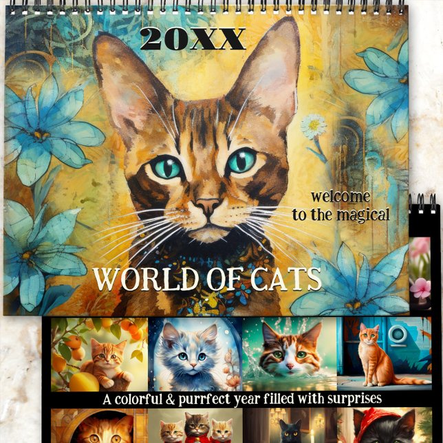 Calendario El mundo del gato mágico del arte lindo (An artistic calendar with colorful whimsical fantasy illustrations of cats in different styles. )