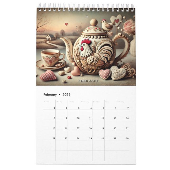 Calendario Elegant 2026 Pretty Chicken Teapots Calendar - Fun (Feb 2026)