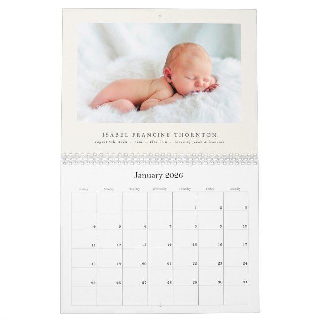 Calendario Elegant Photo Baby Birth Announcement 2026 (Jan 2026)