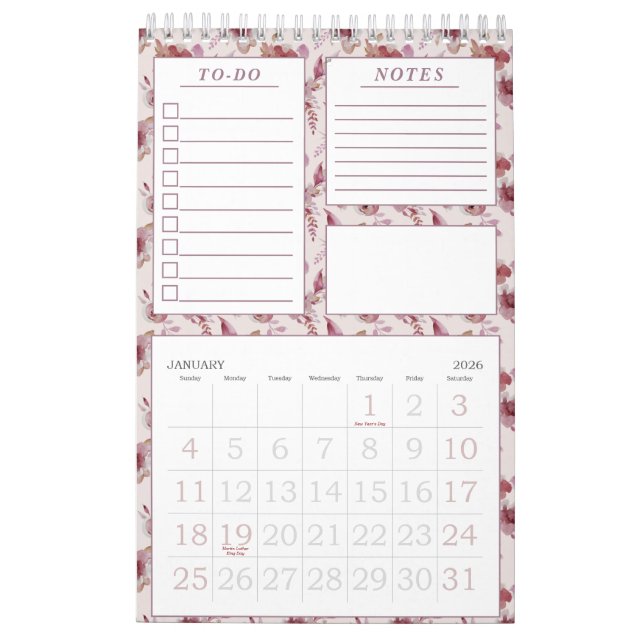 Calendario Elegante Modelo Floral Mauve Pink Planner Mensual (Jan 2026)