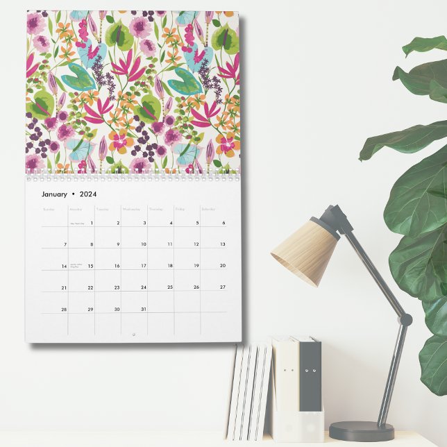 Calendario Elegante Muro tropical vintage (Pink Blue Green Modern Vintage Floral Tropical Calendar)