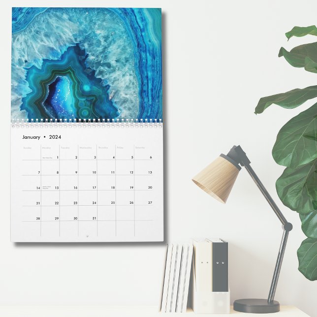 Calendario Elegante pared moderna turquesa azul (Blue Turquoise Geode Stone Simple Modern Wall Calendar)