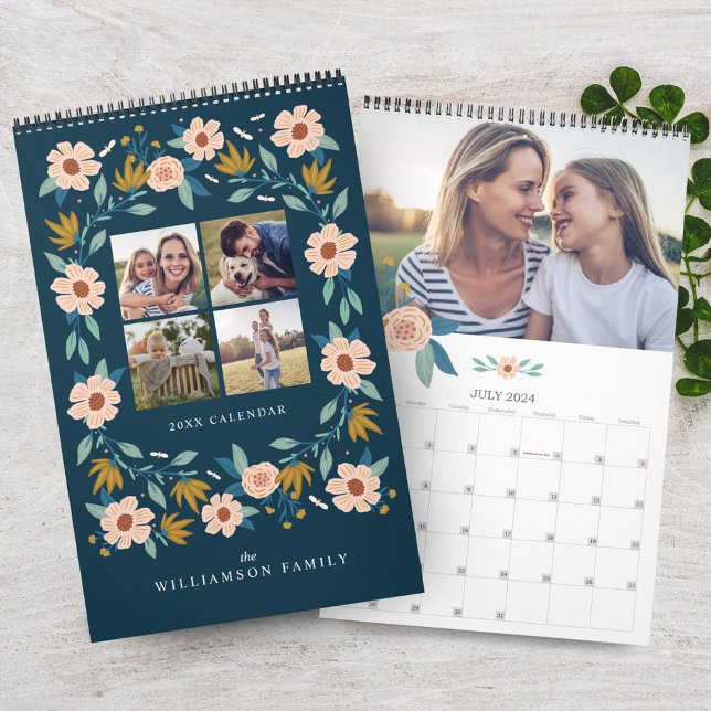 Calendario Elegantes Recuerdos de la familia Collage de fotos (Elegant Florals Photo Collage Family Memories Calendar)