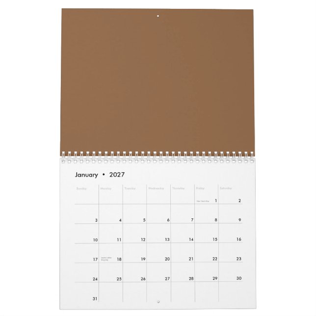 Calendario Elevar el diseño con un fondo marrón (Jan 2027)