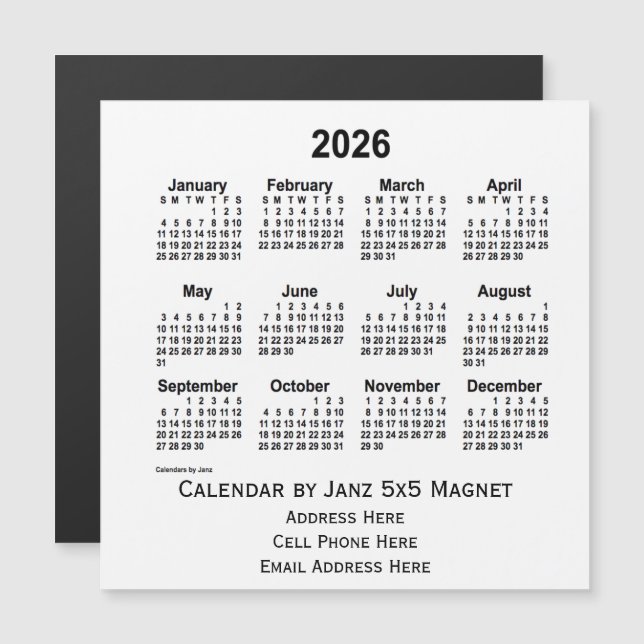 Calendario Empresarial Blanco 2026, por Janz 5x5 M (Anverso/Reverso)