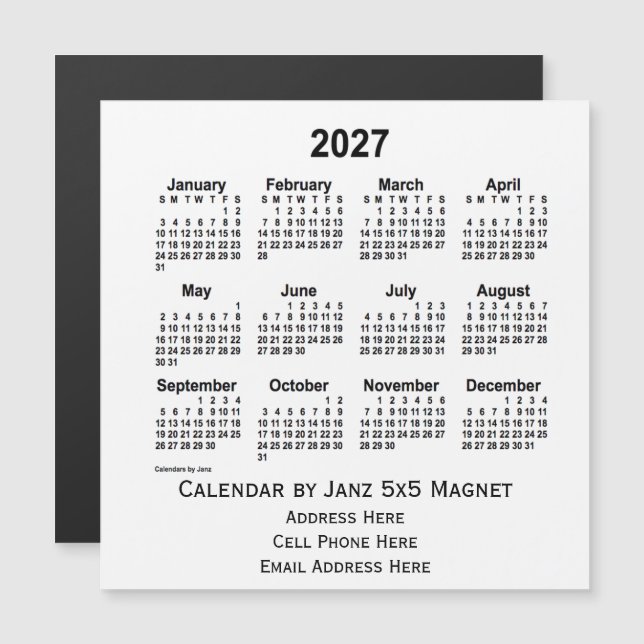 Calendario Empresarial Blanco 2027, por Janz 5x5 M (Anverso/Reverso)