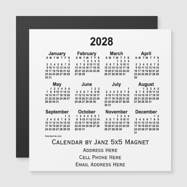 Calendario Empresarial Blanco 2028, por Janz 5x5 M (Anverso/Reverso)