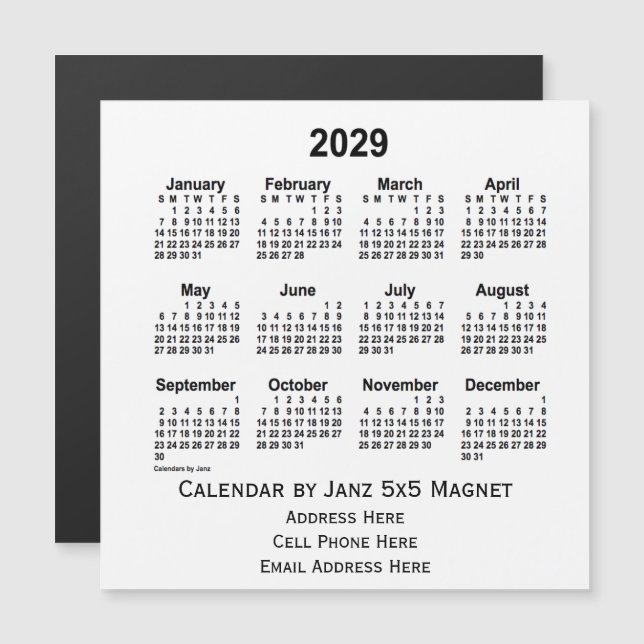 Calendario Empresarial Blanco 2029, por Janz 5x5 M (Anverso/Reverso)