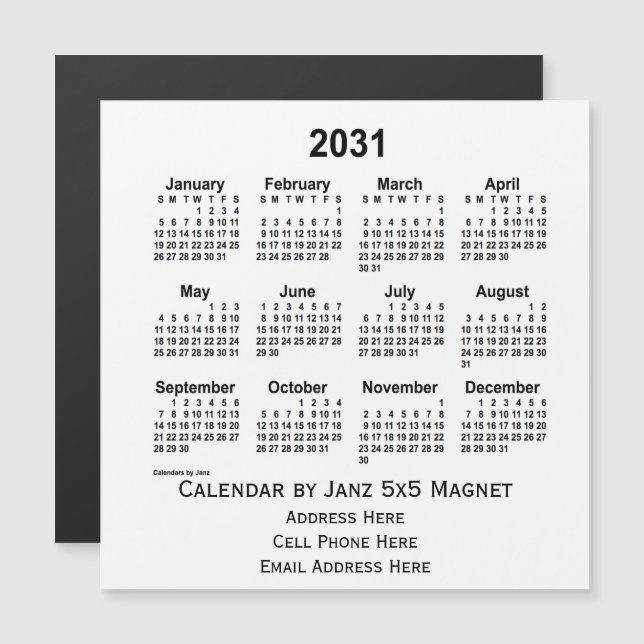 Calendario Empresarial Blanco 2031, por Janz 5x5 M (Anverso/Reverso)