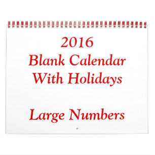 Calendario en blanco rojo 2016 con números grandes