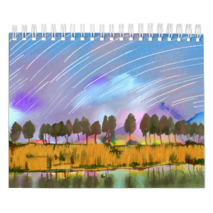 Calendario Escena rural con senderos estrellados acuarela