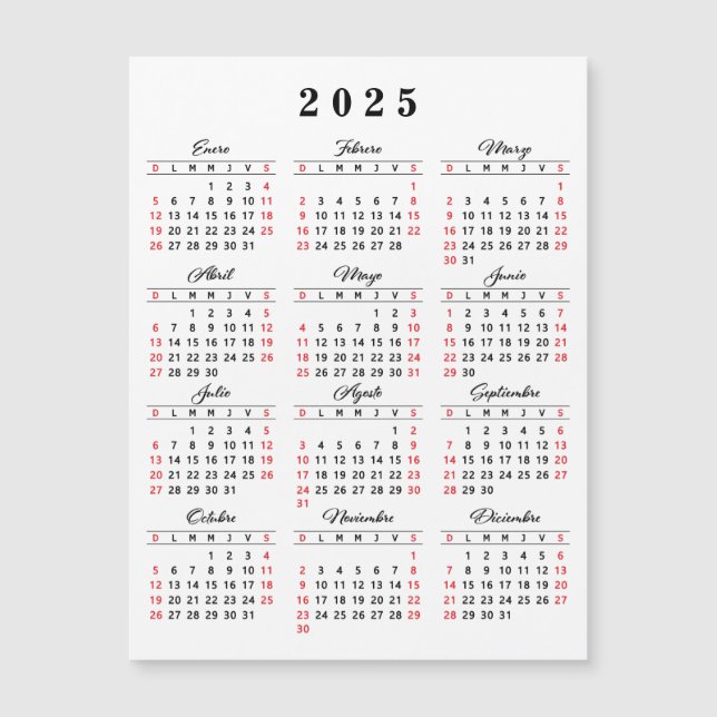 Calendario Español 2025 Rojo blanco negro (Anverso)