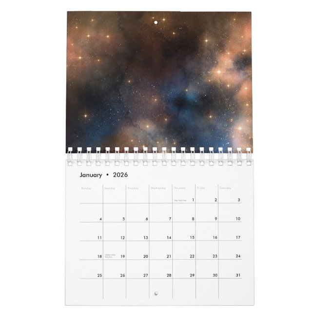 Calendario Estrellas estelares Galaxia Azul Patrón negro (Jan 2026)