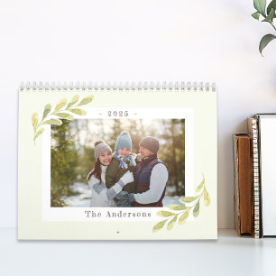 Calendario Familiar de Fotos con Verde Acuarela