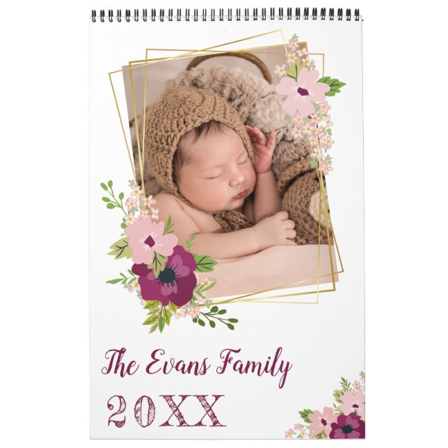 Calendario Faux Gold Geo Frames Floral Photos & Notes (Tapa)