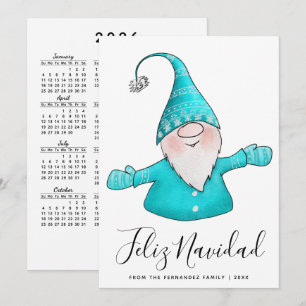 Calendario Feliz Navidad 2026 azul teal Gnomo Ador
