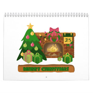 Calendario Feliz Navidad cerca de la chimenea de fuego árbol 