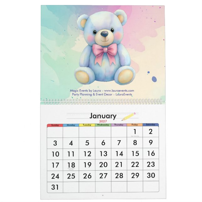 Calendario Fiesta infantil Planner Pastel Teddy Bear logotipo (Jan 2027)