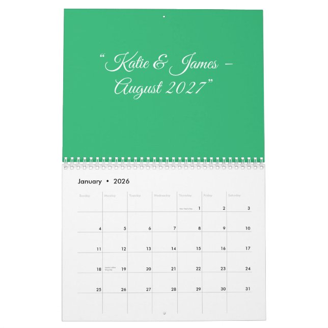 Calendario Flat Mint Green Background – Wedding Design (Jan 2026)
