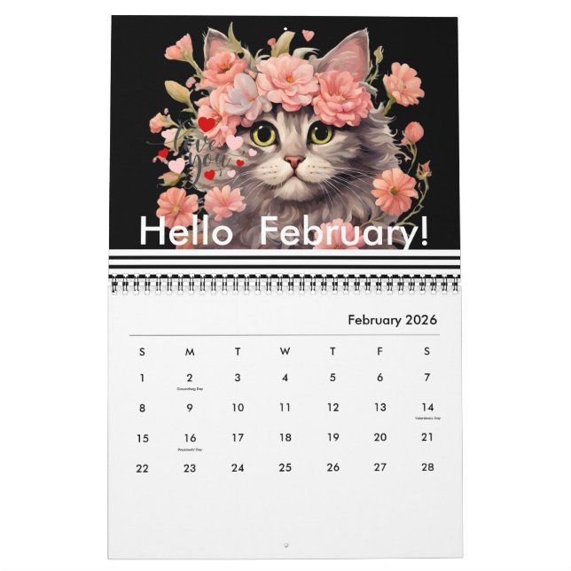 Calendario Flor moderna de gato lindo Mensual Mensual 2024 (Feb 2026)