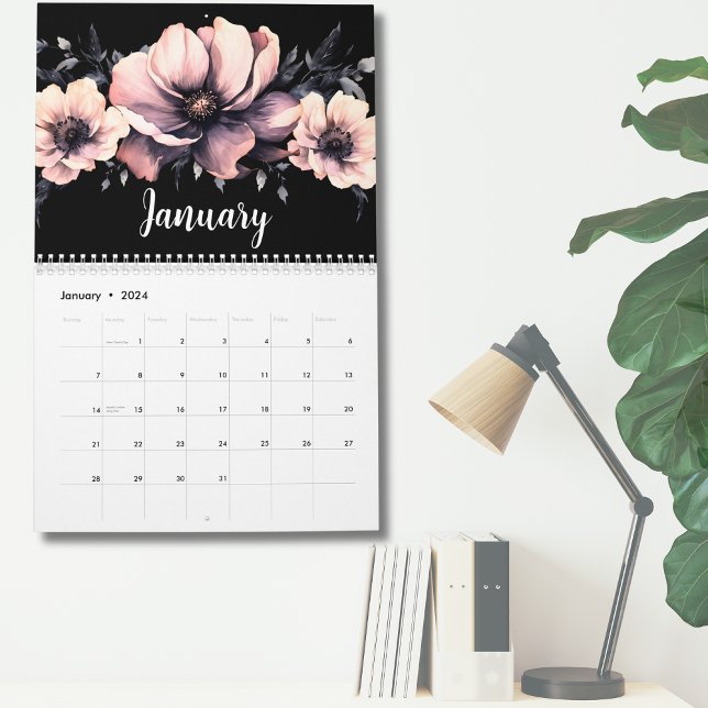 Calendario Flora negra rosa moderna y moderna (Cute Modern Pink Black Floral Calendar)