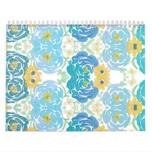 Calendario Floral Acuarela Azul y Amarillo