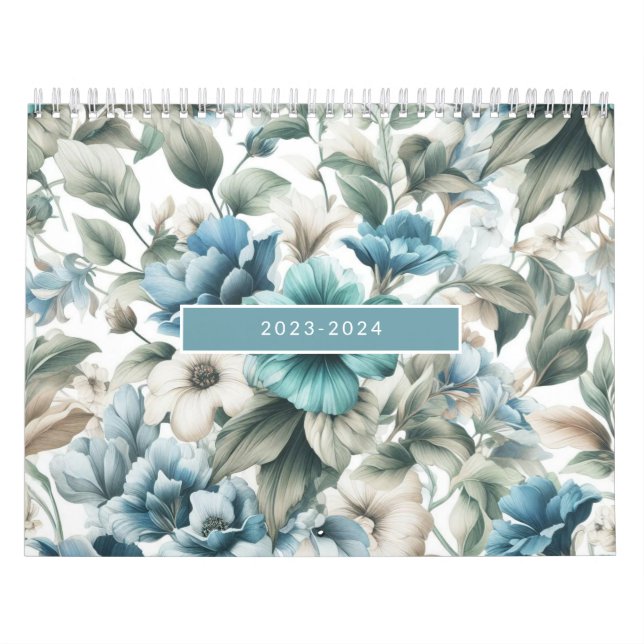Calendario Floral azul moderno elegante (Tapa)