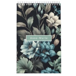 Calendario Floral azul negro elegante elegante