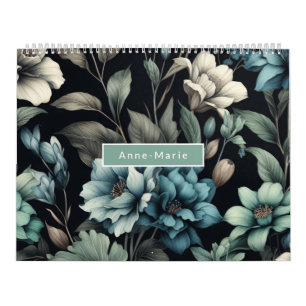 Calendario Floral azul negro elegante elegante