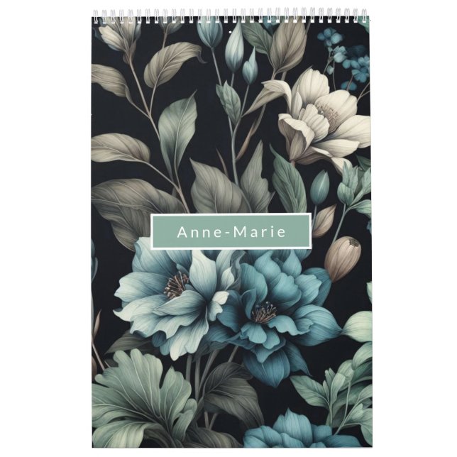 Calendario Floral azul negro elegante elegante (Tapa)