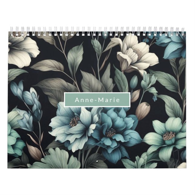 Calendario Floral azul negro elegante elegante (Tapa)