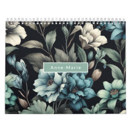 Calendario Floral azul negro elegante elegante
