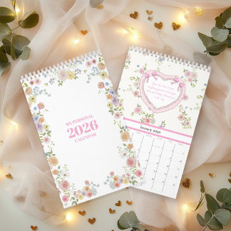 Calendario floral de acuarela pastel 2026 con cita