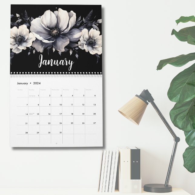 Calendario Floral de color blanco negro elegante (Chic Elegant Black White Watercolor Floral Calendar)