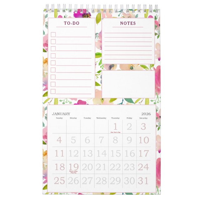 Calendario Floral de Moda floreciente Personal Mensual To Do (Jan 2026)