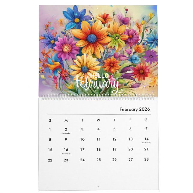 Calendario floral moderno y elegante 2024 Mensual (Feb 2026)