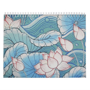Calendario Floral rosado del Chinoiserie y azul oriental en