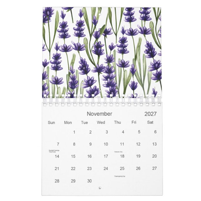 Calendario Flores acuarelas de lavanda púrpura 2026 (Nov 2027)