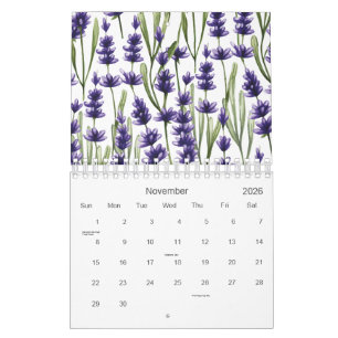 Calendario Flores acuarelas de lavanda púrpura 2026