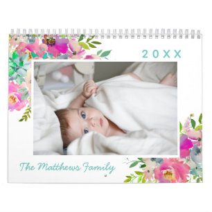 Calendario Flores Chic Rosa Floral Foto Familiar Personalizad