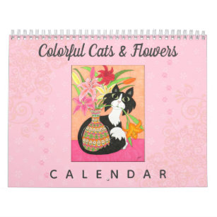 Calendario Flores de gatos coloridas adornan el arte Girly Bo