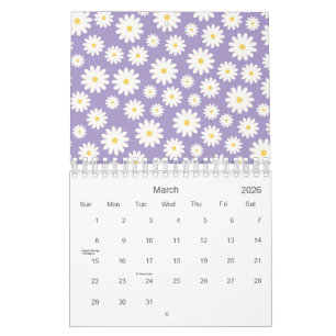Calendario Flores de margarita blanca Patrón púrpura 2026